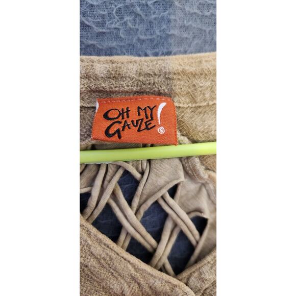 Oh My Gauze 1 (S/M) Fringe Cutout Back Tie Dye Brown Top Lagenlook Shell Buttons - Picture 7 of 9